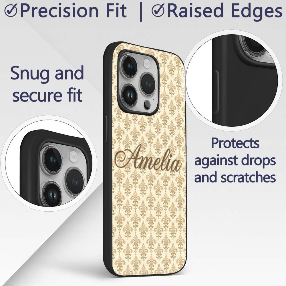 Minimal Soft Gold Fleur De Lis Repeating Elegant Custom Name Protective Phone Case Mobile Cover Durable Everyday Smartphone Shock Resistant