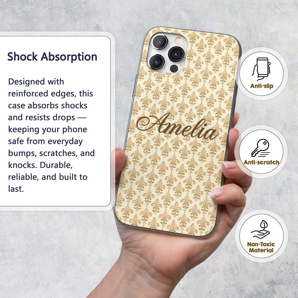 Minimal Soft Gold Fleur De Lis Repeating Elegant Custom Name Protective Phone Case Mobile Cover Durable Everyday Smartphone Shock Resistant
