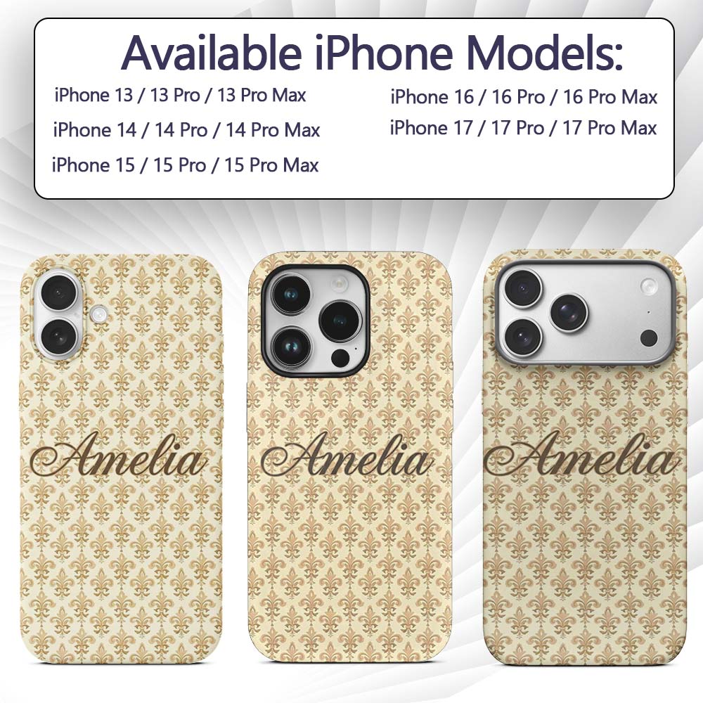 Minimal Soft Gold Fleur De Lis Repeating Elegant Custom Name Protective Phone Case Mobile Cover Durable Everyday Smartphone Shock Resistant
