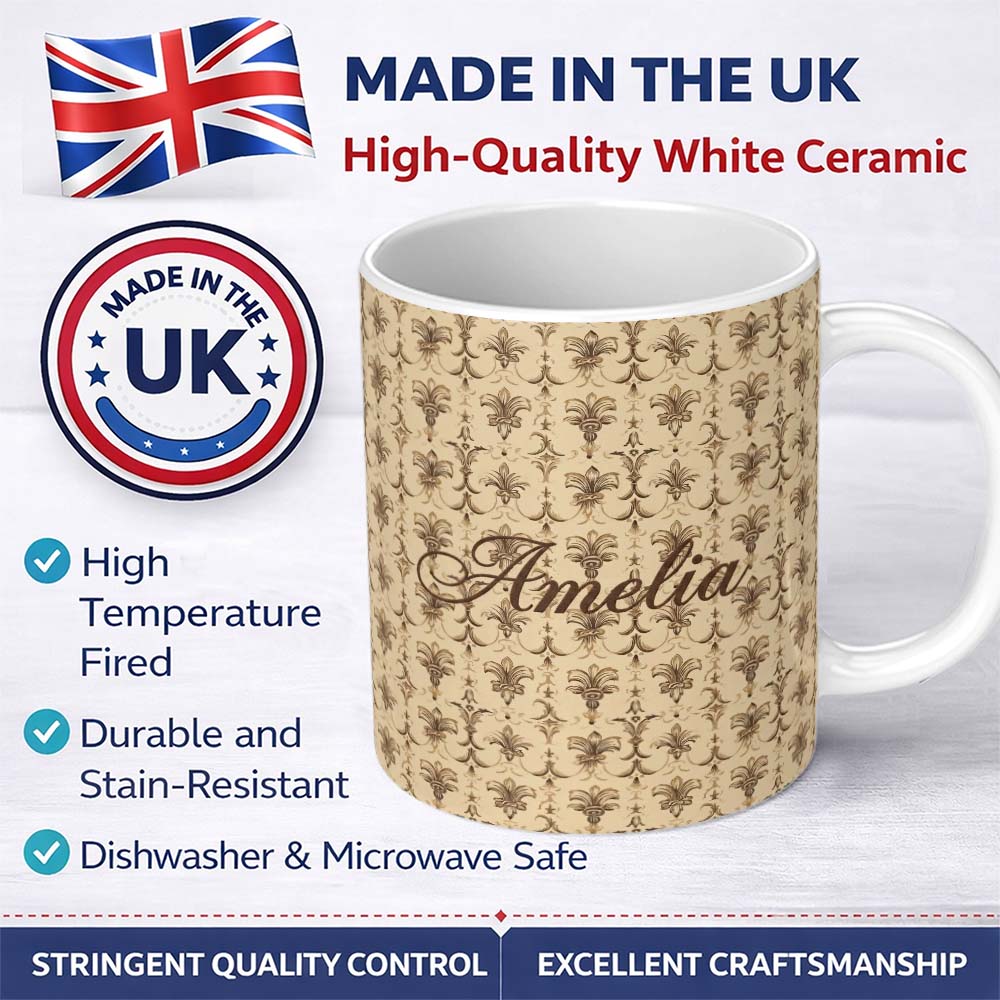 Personalized Custom Name Vintage Textured Fleur De Lis Classic French Style Seamless Pattern 11oz Ceramic Coffee Tea Mug White Large Handle