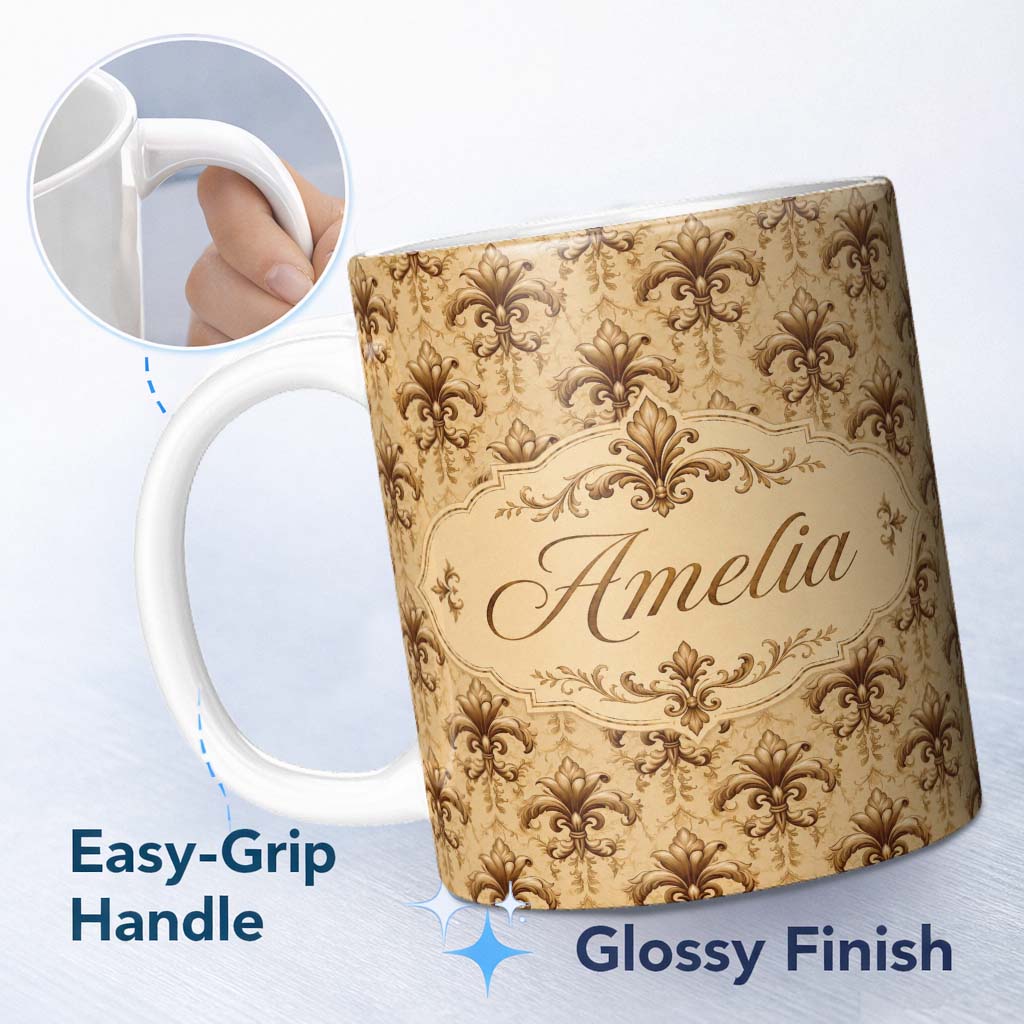Personalized Custom Name Ornate Baroque Fleur De Lis Decorative Scroll Seamless Pattern Name 11oz Ceramic Coffee Tea Mug White Large Handle