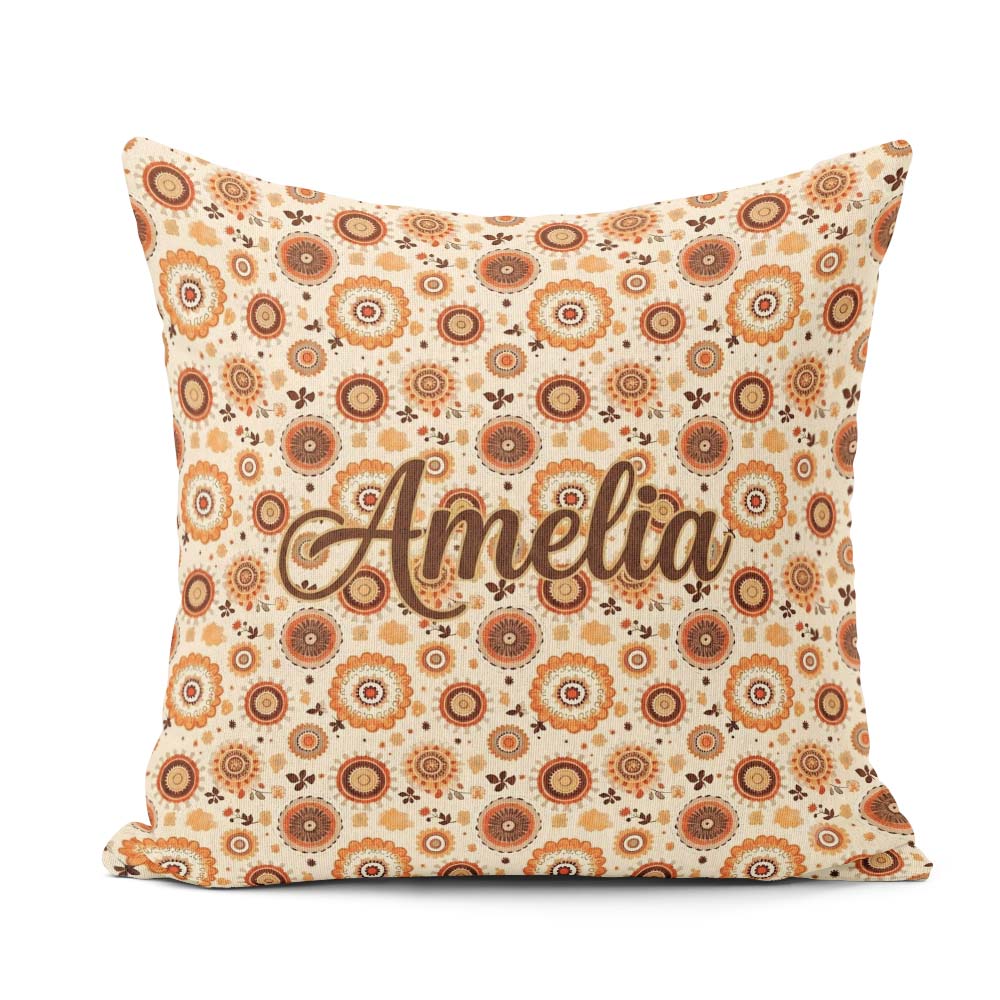 Custom Name Orange Brown Circular Motif Seamless Pattern Century Square Filled Cushion Throw Pillow Sofa Bed Home Decor Zip Washable UK Made