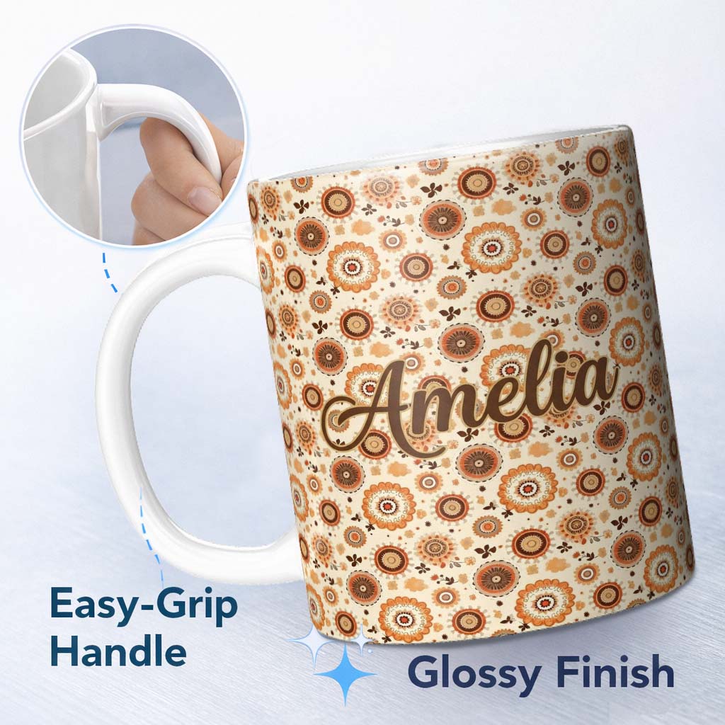 Personalized Custom Name Orange Brown Circular Floral Motif Seamless Pattern Mid Century 11oz Ceramic Coffee Tea Mug White Large Handle