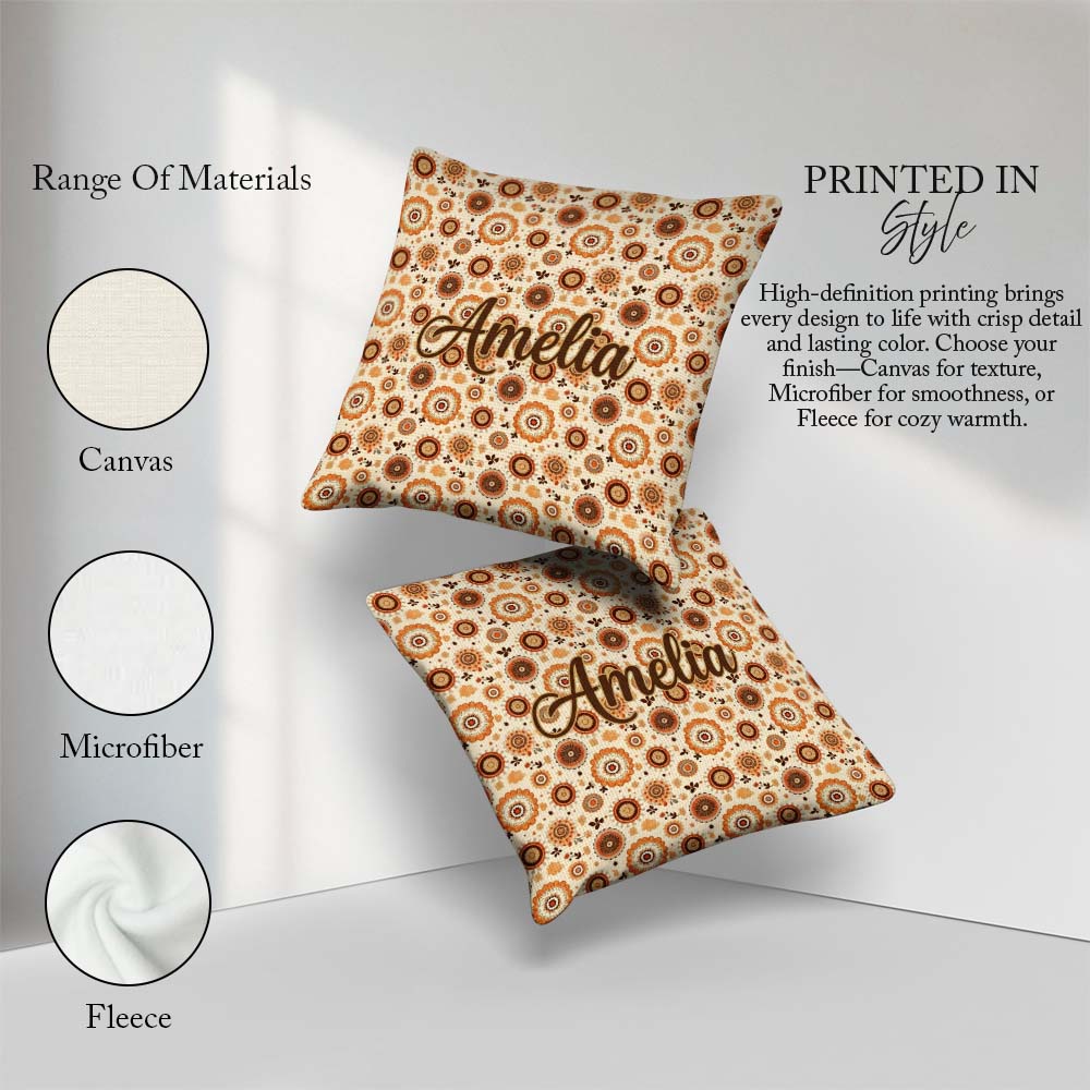 Custom Name Orange Brown Circular Motif Seamless Pattern Century Square Filled Cushion Throw Pillow Sofa Bed Home Decor Zip Washable UK Made