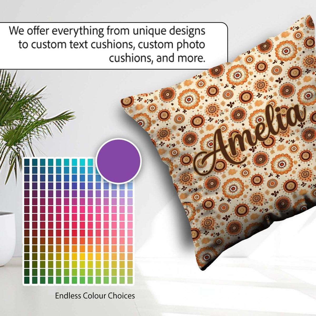 Custom Name Orange Brown Circular Motif Seamless Pattern Century Square Filled Cushion Throw Pillow Sofa Bed Home Decor Zip Washable UK Made
