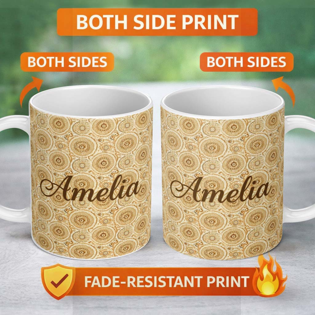 Personalized Custom Name Warm Beige Ornate Mandala Floral Seamless Pattern Elegant Vintage 11oz Ceramic Coffee Tea Mug White Large Handle
