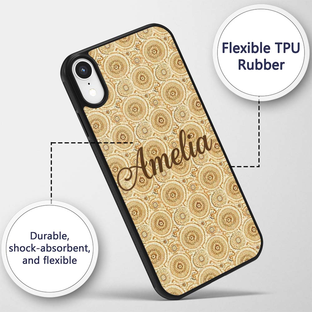 Warm Beige Ornate Mandala Floral Seamless Pattern Custom Name Protective Phone Case Mobile Cover Durable Everyday Smartphone Shock Resistant