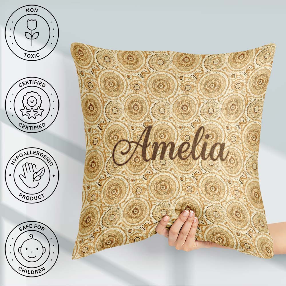 Custom Name Beige Ornate Mandala Floral Seamless Pattern Elegant Square Filled Cushion Throw Pillow Sofa Bed Home Decor Zip Washable UK Made