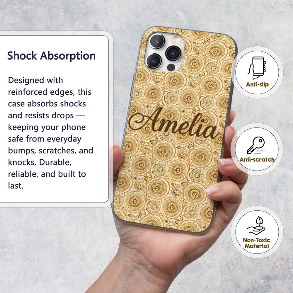 Warm Beige Ornate Mandala Floral Seamless Pattern Custom Name Protective Phone Case Mobile Cover Durable Everyday Smartphone Shock Resistant