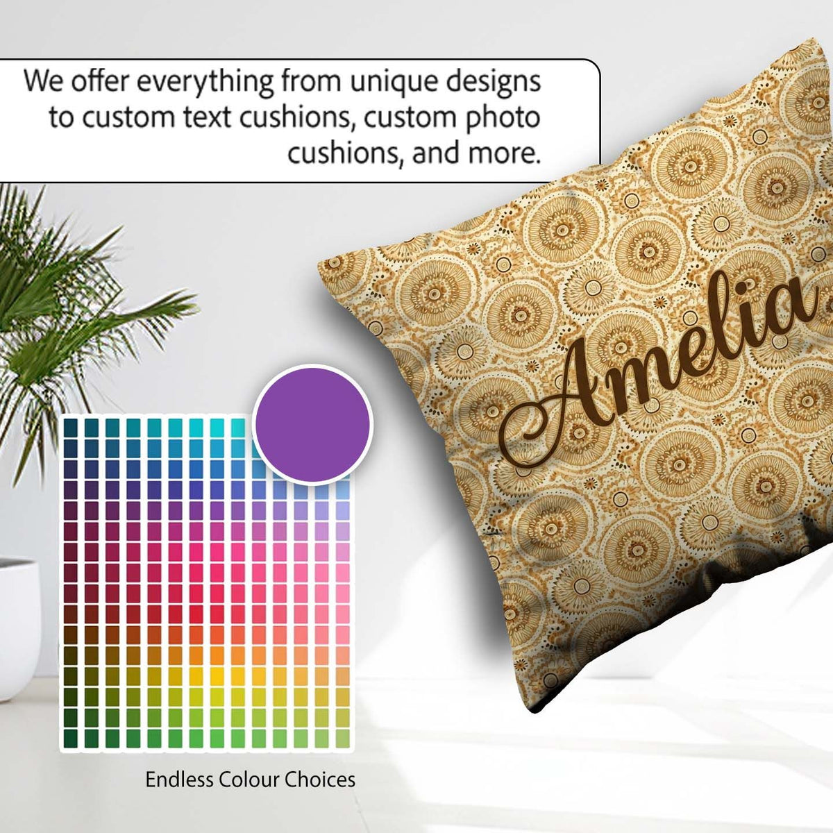 Custom Name Beige Ornate Mandala Floral Seamless Pattern Elegant Square Filled Cushion Throw Pillow Sofa Bed Home Decor Zip Washable UK Made
