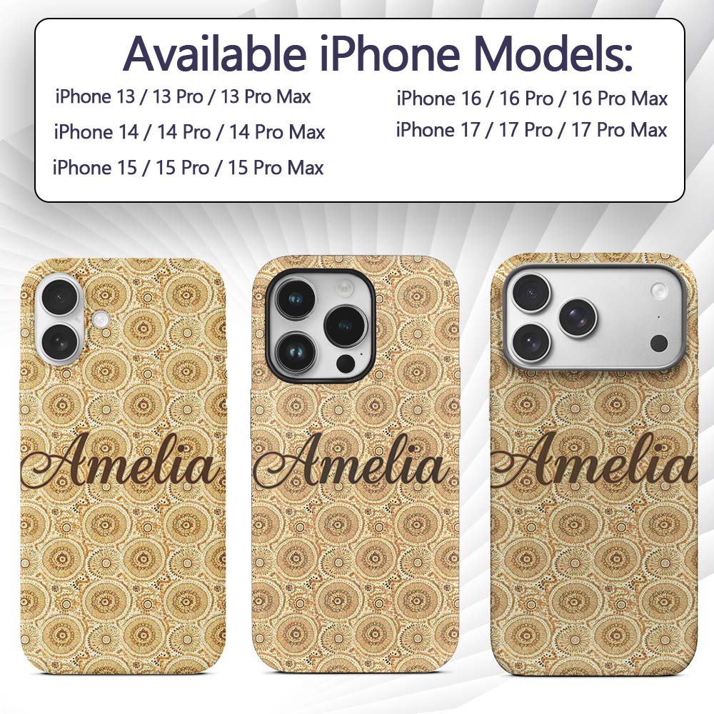 Warm Beige Ornate Mandala Floral Seamless Pattern Custom Name Protective Phone Case Mobile Cover Durable Everyday Smartphone Shock Resistant