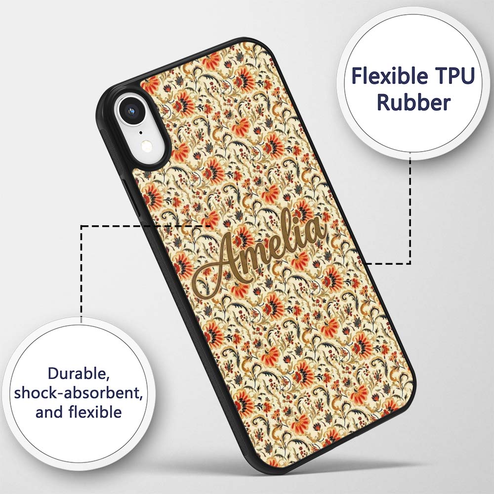 Bold Orange Navy Floral Vine Seamless Pattern Custom Name Protective Phone Case Mobile Cover Durable Everyday Smartphone Shock Resistant