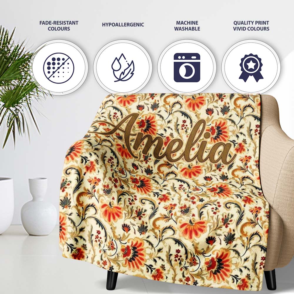 Bold Orange Navy Floral Vine Seamless Pattern Classic Decorative Personalised Custom Name Super Soft Fleece Blanket Bed Sofa Throw