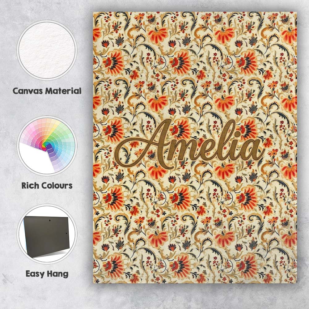 Personalised Name Bold Orange Navy Floral Custom Unique Gift Idea Elegant Feature Canvas Wall Art Print Decor Picture Ready to Hang