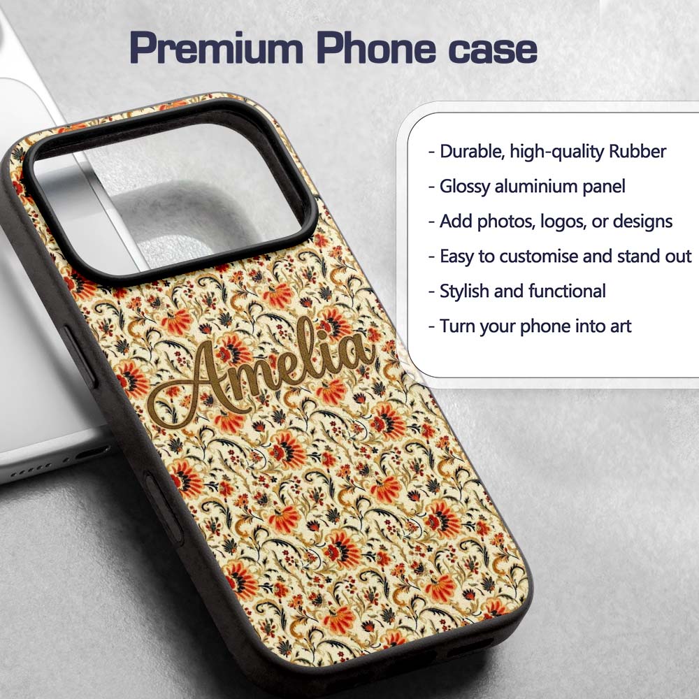 Bold Orange Navy Floral Vine Seamless Pattern Custom Name Protective Phone Case Mobile Cover Durable Everyday Smartphone Shock Resistant