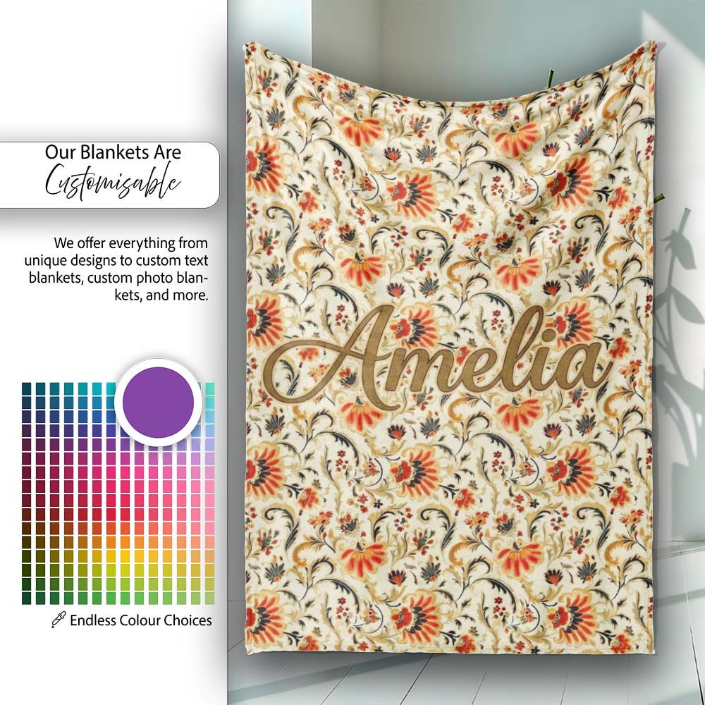 Bold Orange Navy Floral Vine Seamless Pattern Classic Decorative Personalised Custom Name Super Soft Fleece Blanket Bed Sofa Throw
