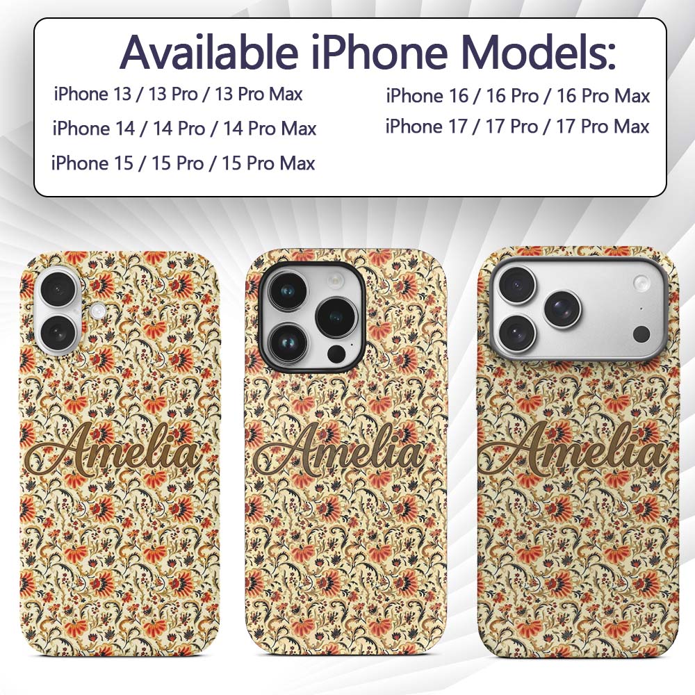 Bold Orange Navy Floral Vine Seamless Pattern Custom Name Protective Phone Case Mobile Cover Durable Everyday Smartphone Shock Resistant