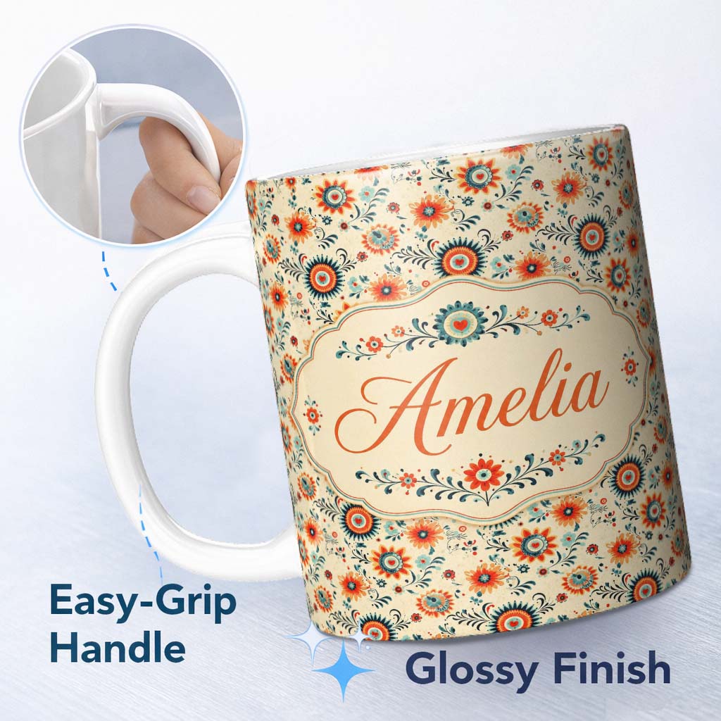 Personalized Custom Name Playful Orange Blue Folk Floral Seamless Pattern Scandinavian Style 11oz Ceramic Coffee Tea Mug White Large Handle