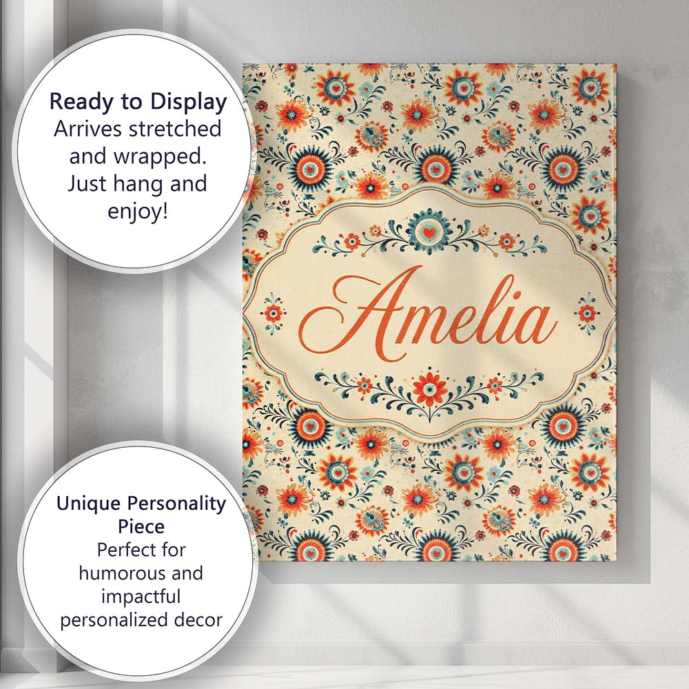 Personalised Name Playful Orange Blue Folk Custom Unique Gift Idea Elegant Feature Canvas Wall Art Print Decor Picture Ready to Hang