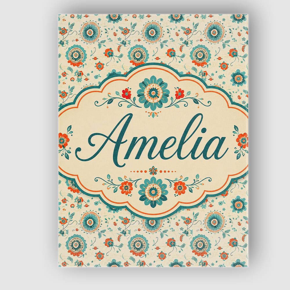 Personalised Name Teal Orange Folk Custom Stylish Home Interior Unique Gift Idea Canvas Wall Art Print Decor Picture Ready to Hang