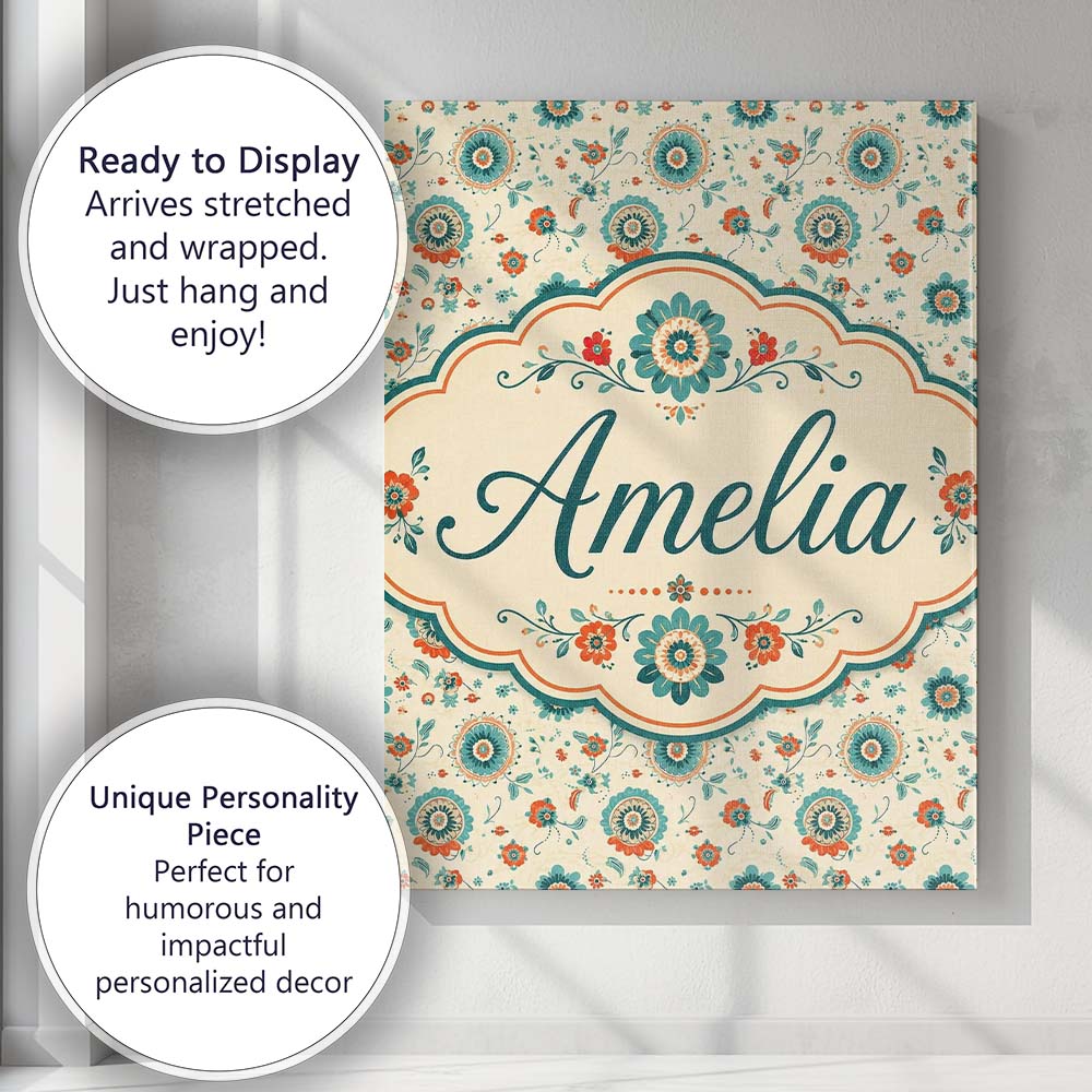 Personalised Name Teal Orange Folk Custom Stylish Home Interior Unique Gift Idea Canvas Wall Art Print Decor Picture Ready to Hang