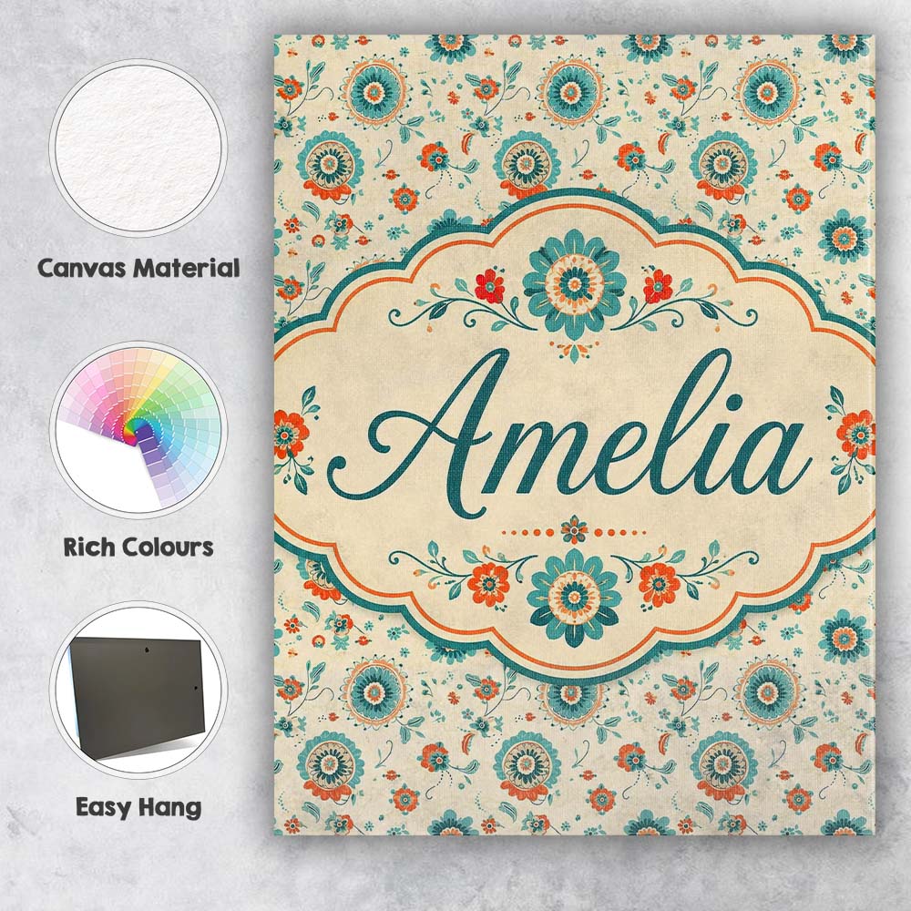 Personalised Name Teal Orange Folk Custom Stylish Home Interior Unique Gift Idea Canvas Wall Art Print Decor Picture Ready to Hang