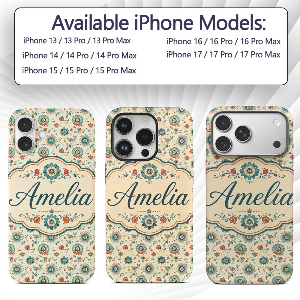 Teal Orange Folk Art Floral Seamless Pattern Custom Name Protective Phone Case Mobile Cover Durable Everyday Smartphone Shock Resistant