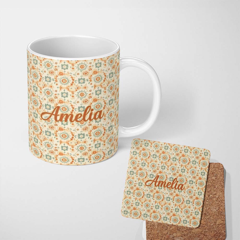 Personalized Custom Name Soft Pastel Orange Green Floral Seamless Pattern Garden Style Name 11oz Ceramic Coffee Tea Mug White Large Handle
