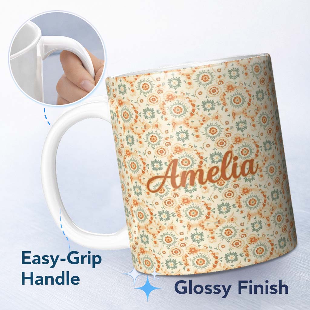 Personalized Custom Name Soft Pastel Orange Green Floral Seamless Pattern Garden Style Name 11oz Ceramic Coffee Tea Mug White Large Handle