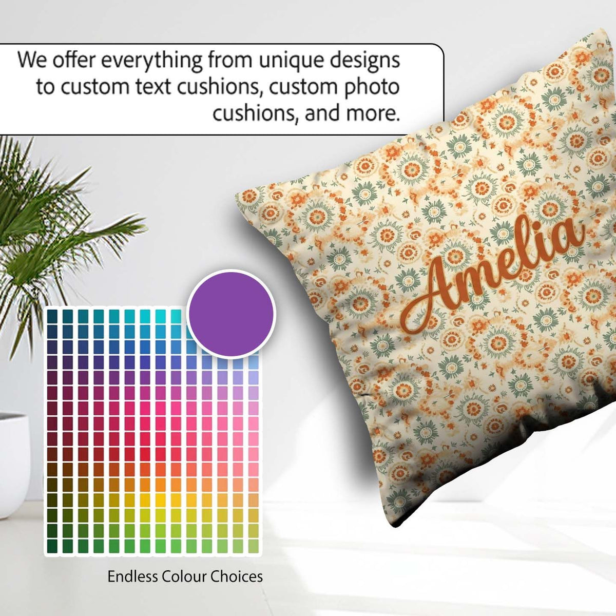 Custom Name Soft Pastel Orange Green Floral Pattern Garden Style Square Filled Cushion Throw Pillow Sofa Bed Home Decor Zip Washable UK Made