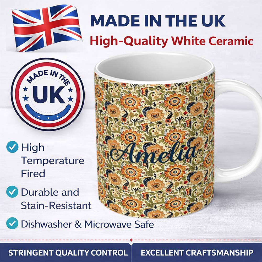 Personalized Custom Name Detailed Vintage Orange Yellow Floral Seamless Pattern Classic 11oz Ceramic Coffee Tea Mug White Large Handle