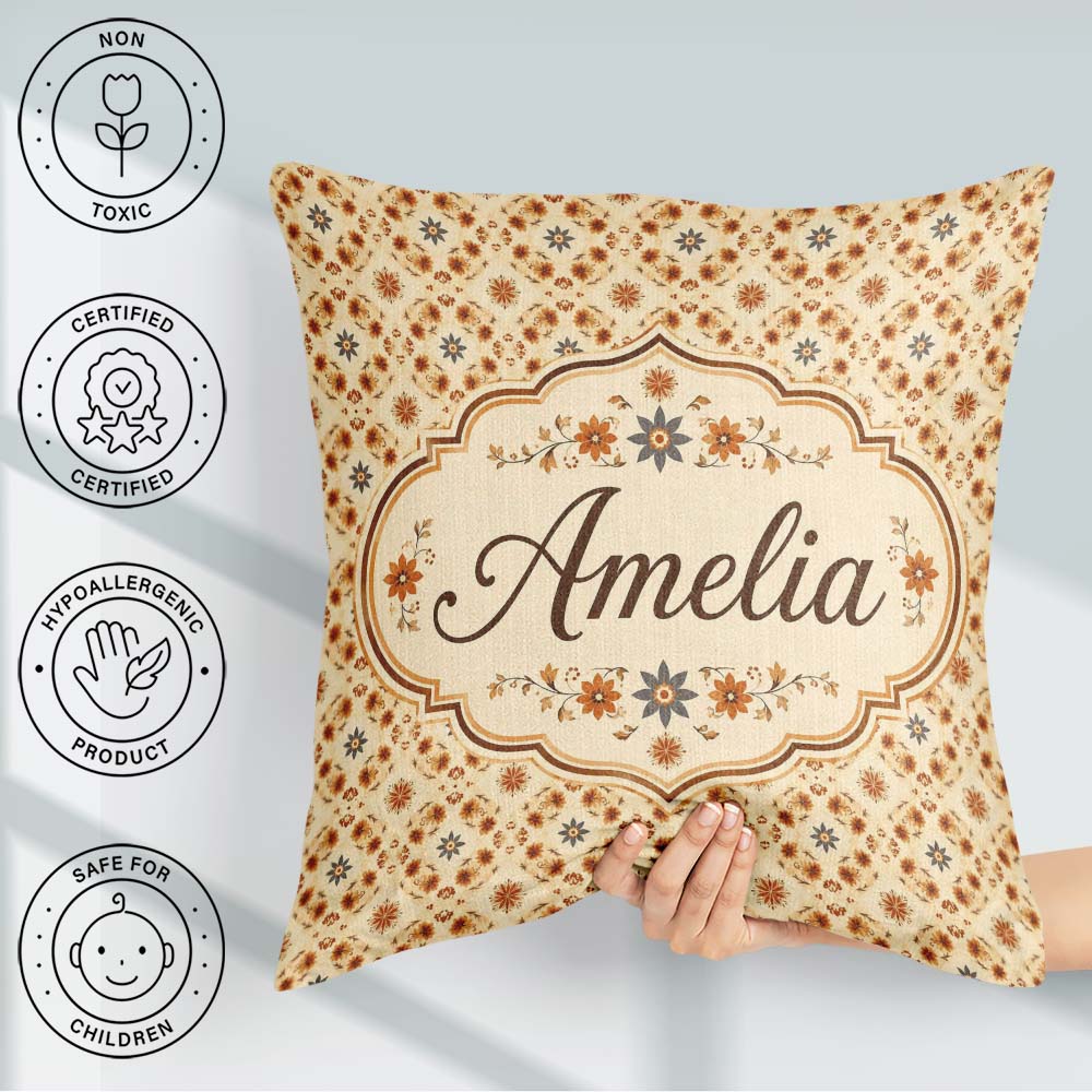Custom Name Small Scale Orange Floral Geometric Seamless Pattern Square Filled Cushion Throw Pillow Sofa Bed Home Decor Zip Washable UK Made