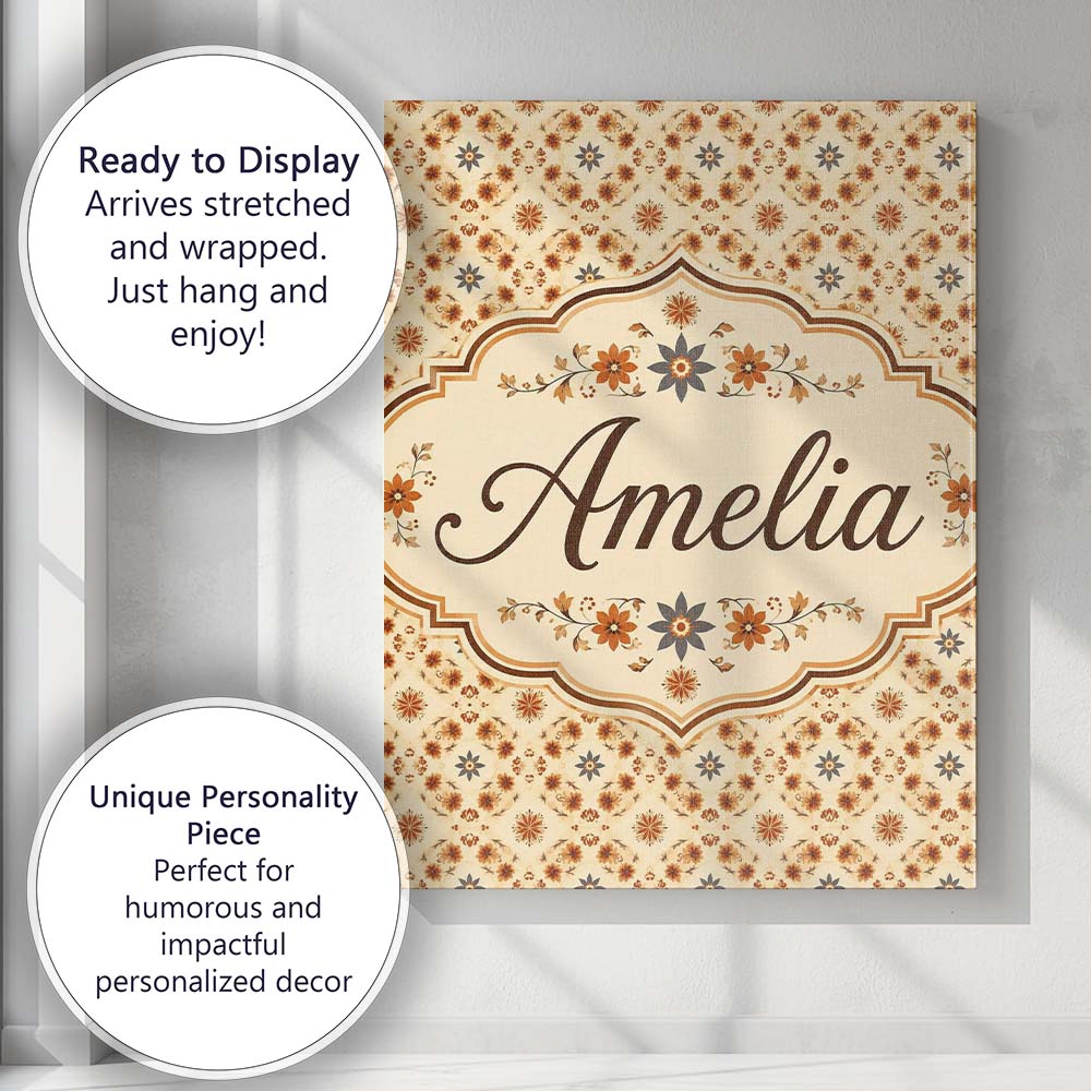 Personalised Name Small Scale Orange Floral Custom Bespoke Interior Contemporary Canvas Wall Art Print Decor Picture Ready to Hang