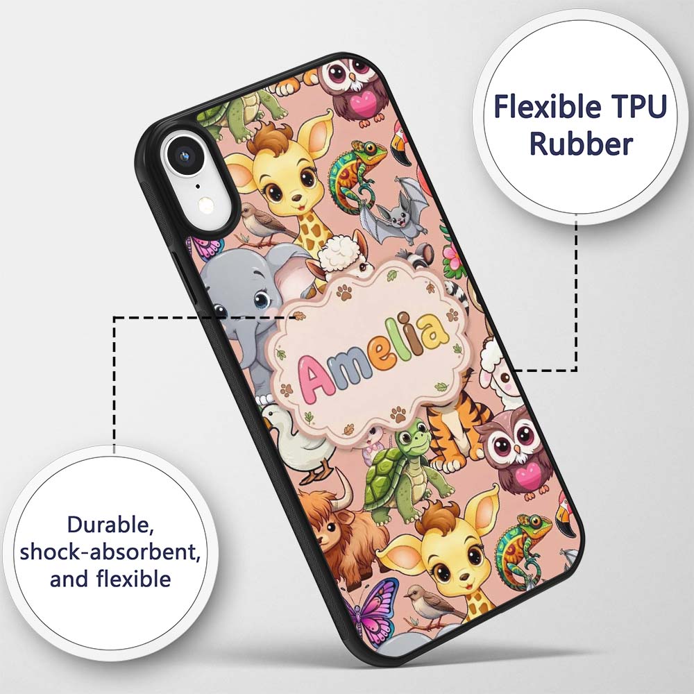 Cute Cartoon Jungle Safari Animals Printed Design Custom Name Protective Phone Case Mobile Cover Durable Everyday Smartphone Shock Resistant