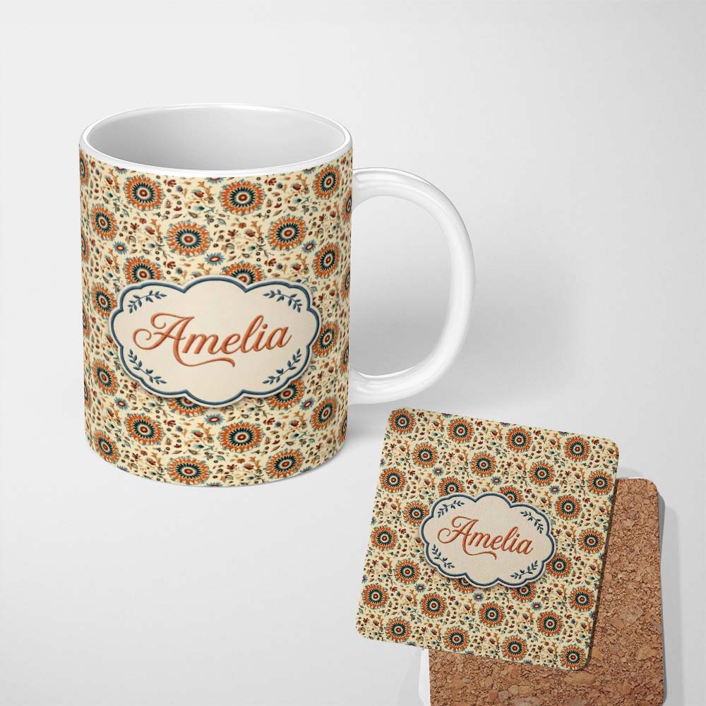 Personalized Custom Name Bold Orange Teal Floral Medallion Seamless Pattern Folk Art Style 11oz Ceramic Coffee Tea Mug White Large Handle