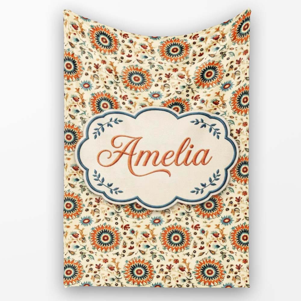 Bold Orange Teal Floral Medallion Seamless Pattern Folk Art Style Personalised Custom Name Super Soft Fleece Blanket Bed Sofa Throw