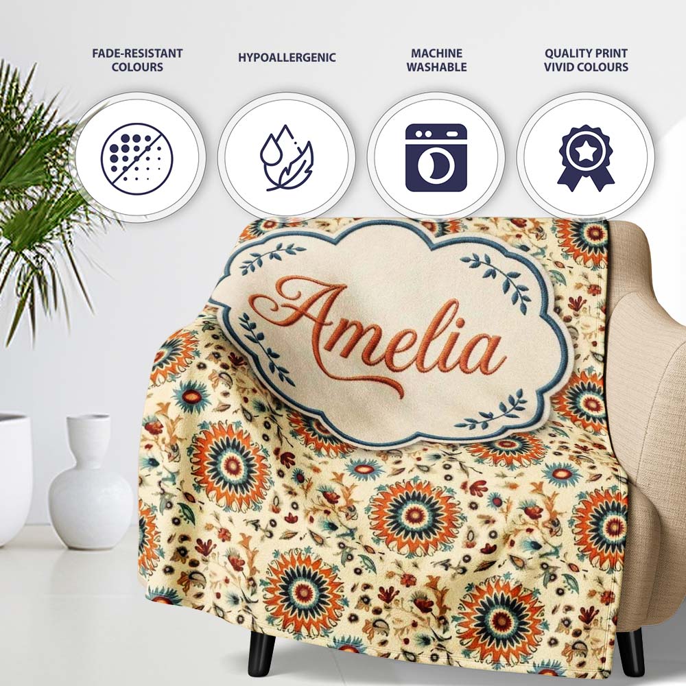 Bold Orange Teal Floral Medallion Seamless Pattern Folk Art Style Personalised Custom Name Super Soft Fleece Blanket Bed Sofa Throw
