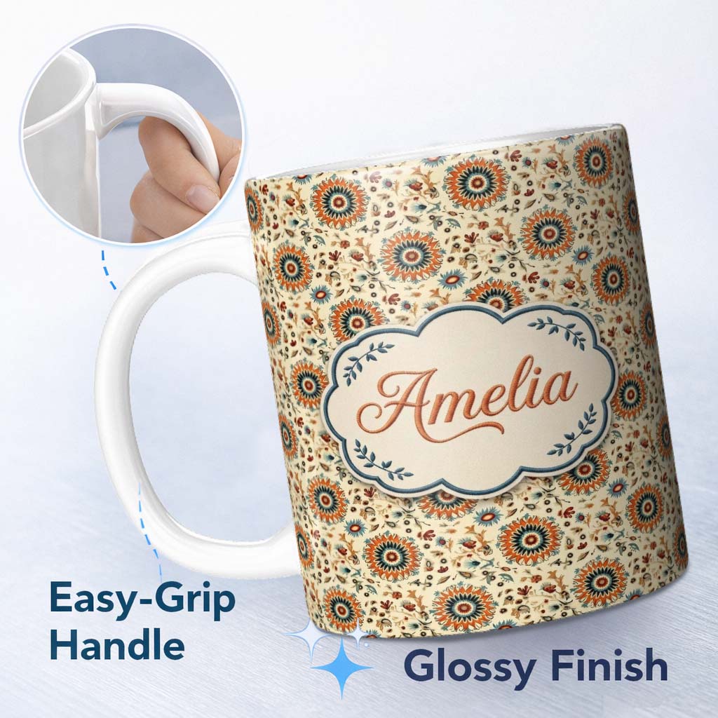 Personalized Custom Name Bold Orange Teal Floral Medallion Seamless Pattern Folk Art Style 11oz Ceramic Coffee Tea Mug White Large Handle
