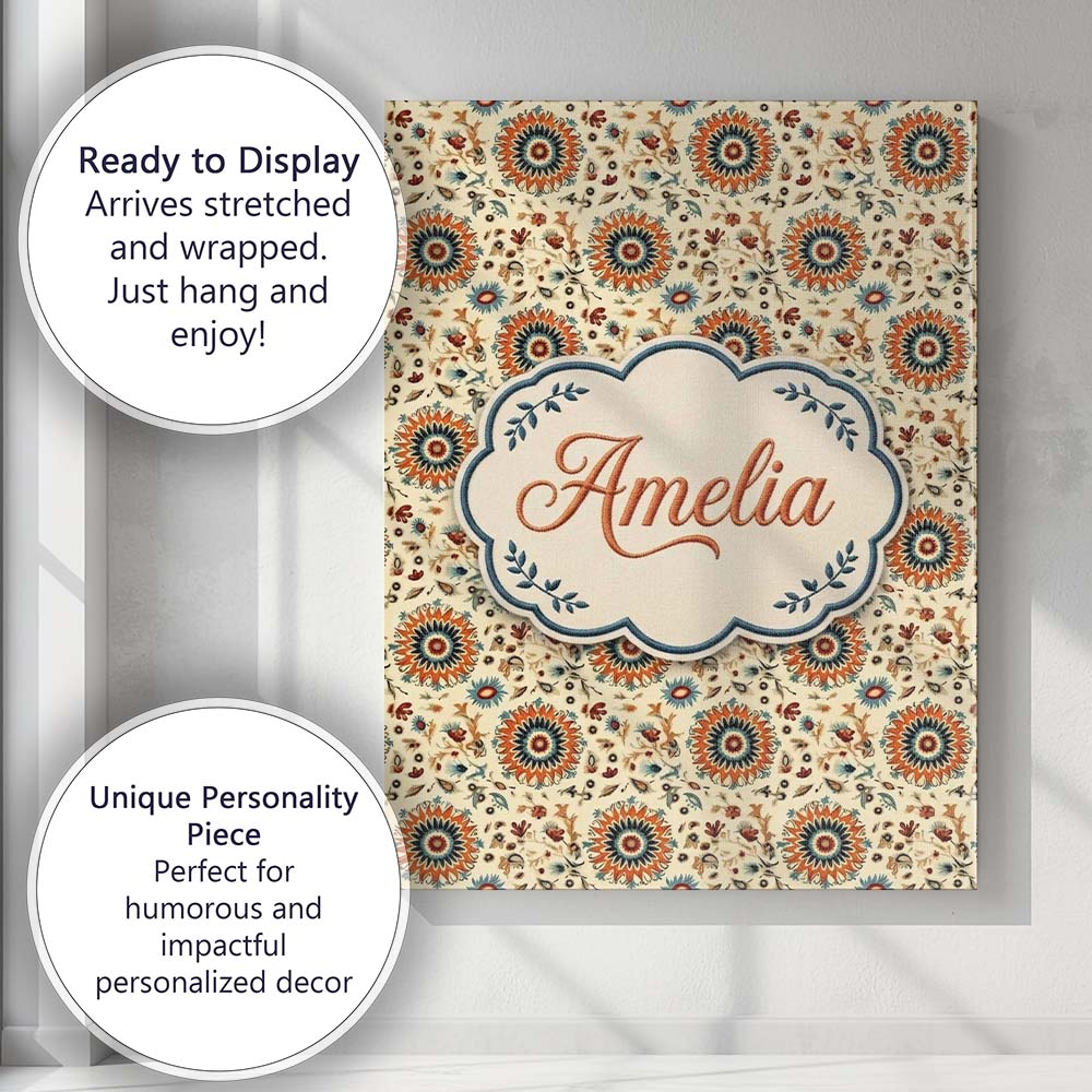 Personalised Name Bold Orange Teal Floral Custom Unique Gift Idea Elegant Feature Canvas Wall Art Print Decor Picture Ready to Hang