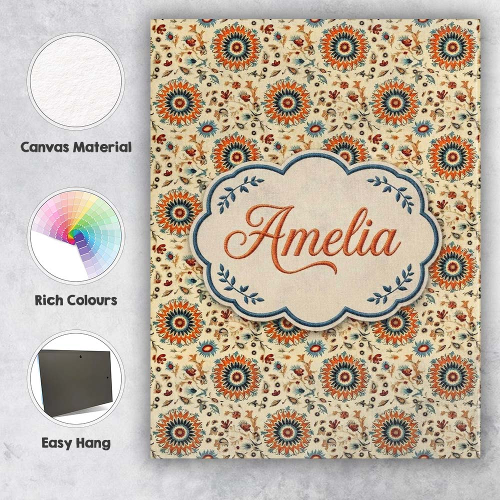 Personalised Name Bold Orange Teal Floral Custom Unique Gift Idea Elegant Feature Canvas Wall Art Print Decor Picture Ready to Hang
