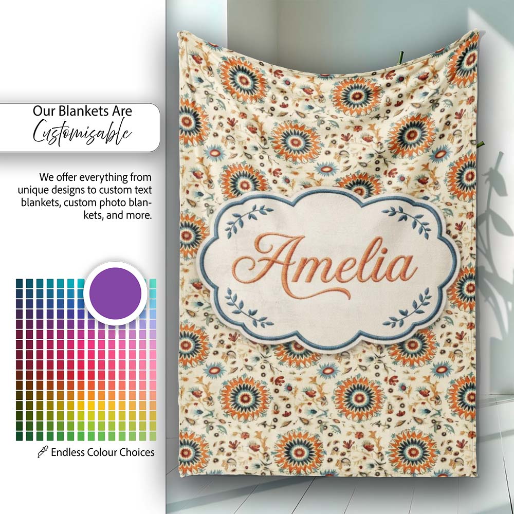 Bold Orange Teal Floral Medallion Seamless Pattern Folk Art Style Personalised Custom Name Super Soft Fleece Blanket Bed Sofa Throw