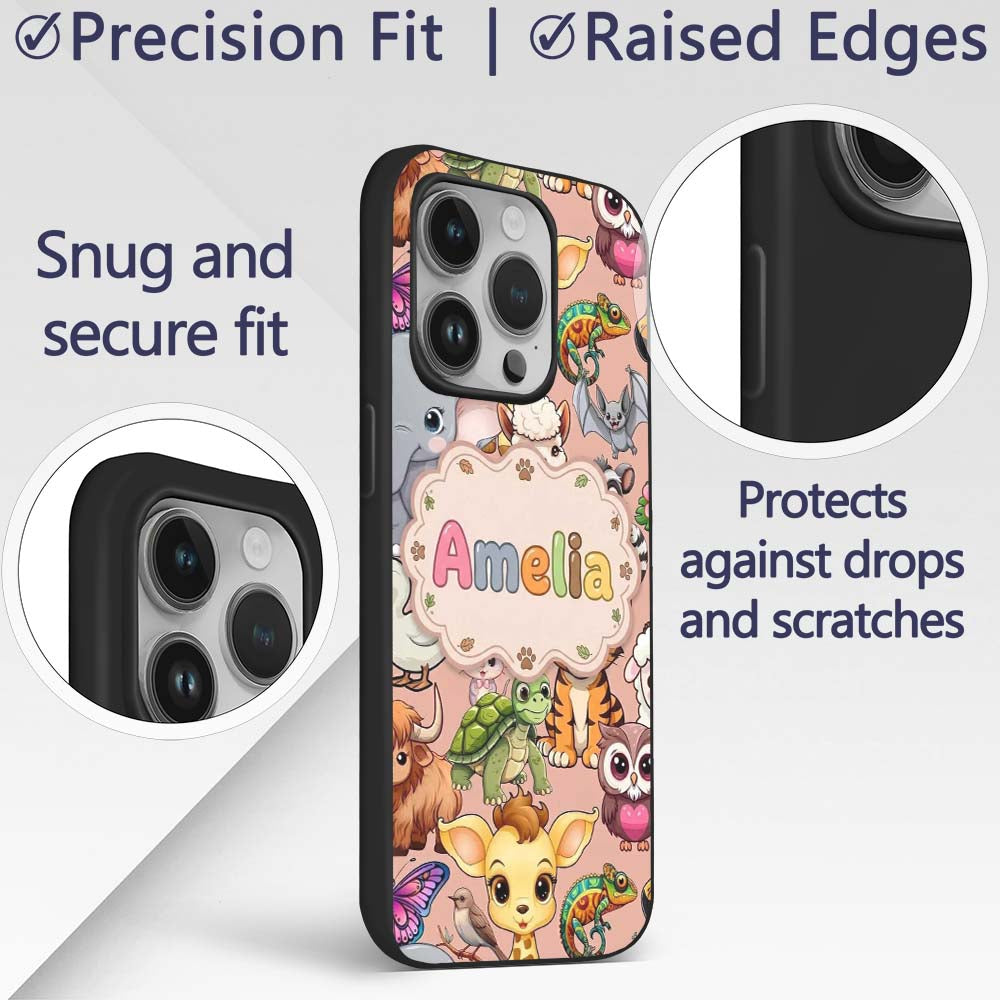 Cute Cartoon Jungle Safari Animals Printed Design Custom Name Protective Phone Case Mobile Cover Durable Everyday Smartphone Shock Resistant