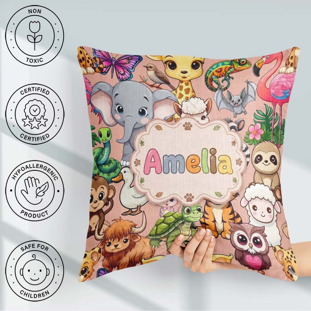 Custom Name Cute Cartoon Jungle Safari Animals Seamless on Peach Square Filled Cushion Throw Pillow Sofa Bed Home Decor Zip Washable UK Made