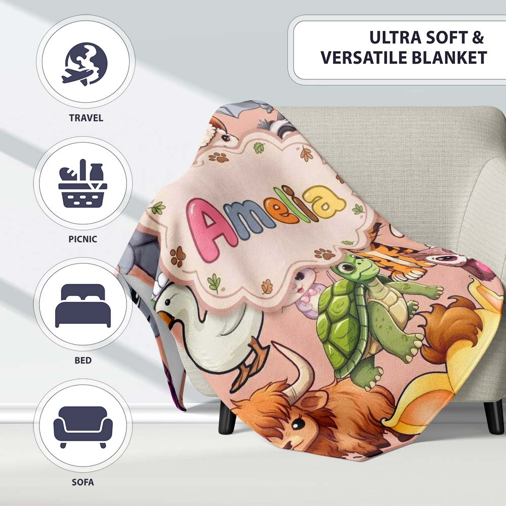 Cute Cartoon Jungle Safari Animals Seamless Pattern on Peach Lovely Personalised Custom Name Super Soft Fleece Blanket Bed Sofa Throw