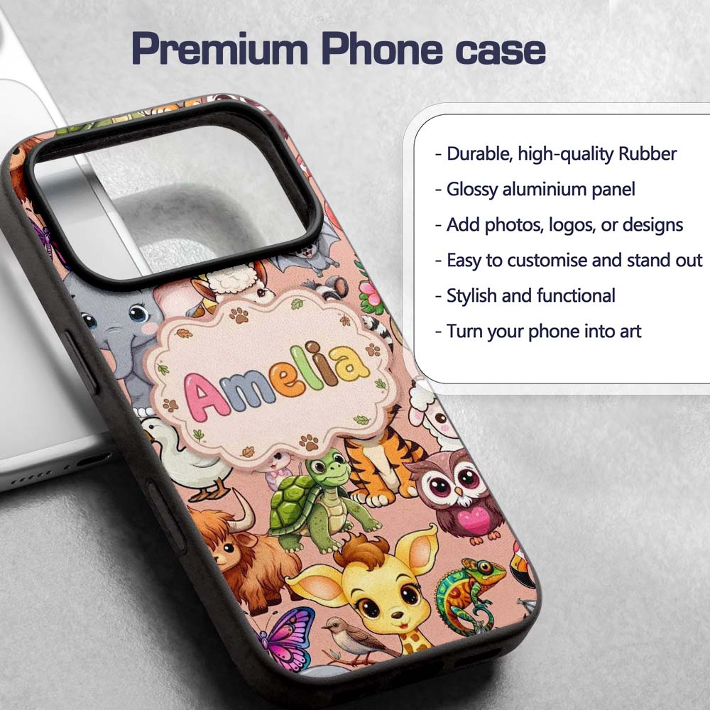 Cute Cartoon Jungle Safari Animals Printed Design Custom Name Protective Phone Case Mobile Cover Durable Everyday Smartphone Shock Resistant