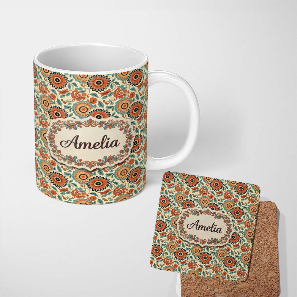 Personalized Custom Name Vibrant Orange Teal Floral Bloom Seamless Pattern Botanical Style 11oz Ceramic Coffee Tea Mug White Large Handle
