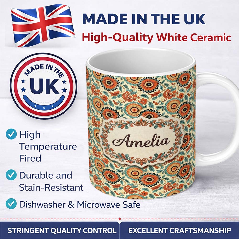 Personalized Custom Name Vibrant Orange Teal Floral Bloom Seamless Pattern Botanical Style 11oz Ceramic Coffee Tea Mug White Large Handle