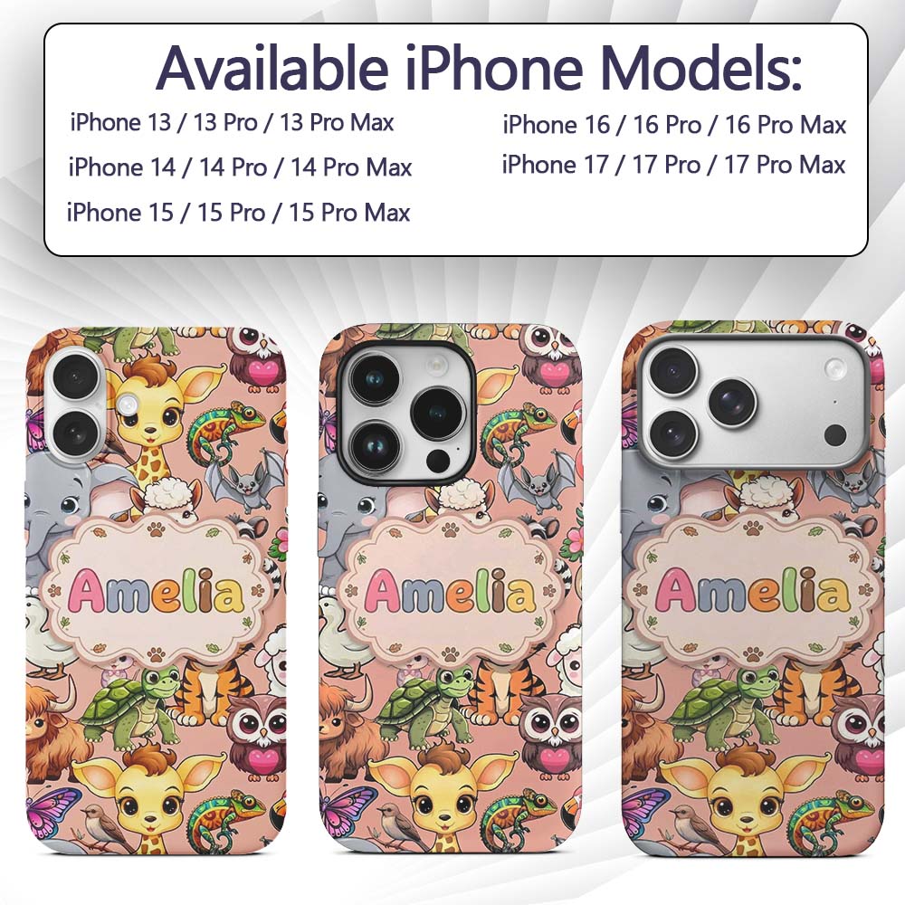 Cute Cartoon Jungle Safari Animals Printed Design Custom Name Protective Phone Case Mobile Cover Durable Everyday Smartphone Shock Resistant
