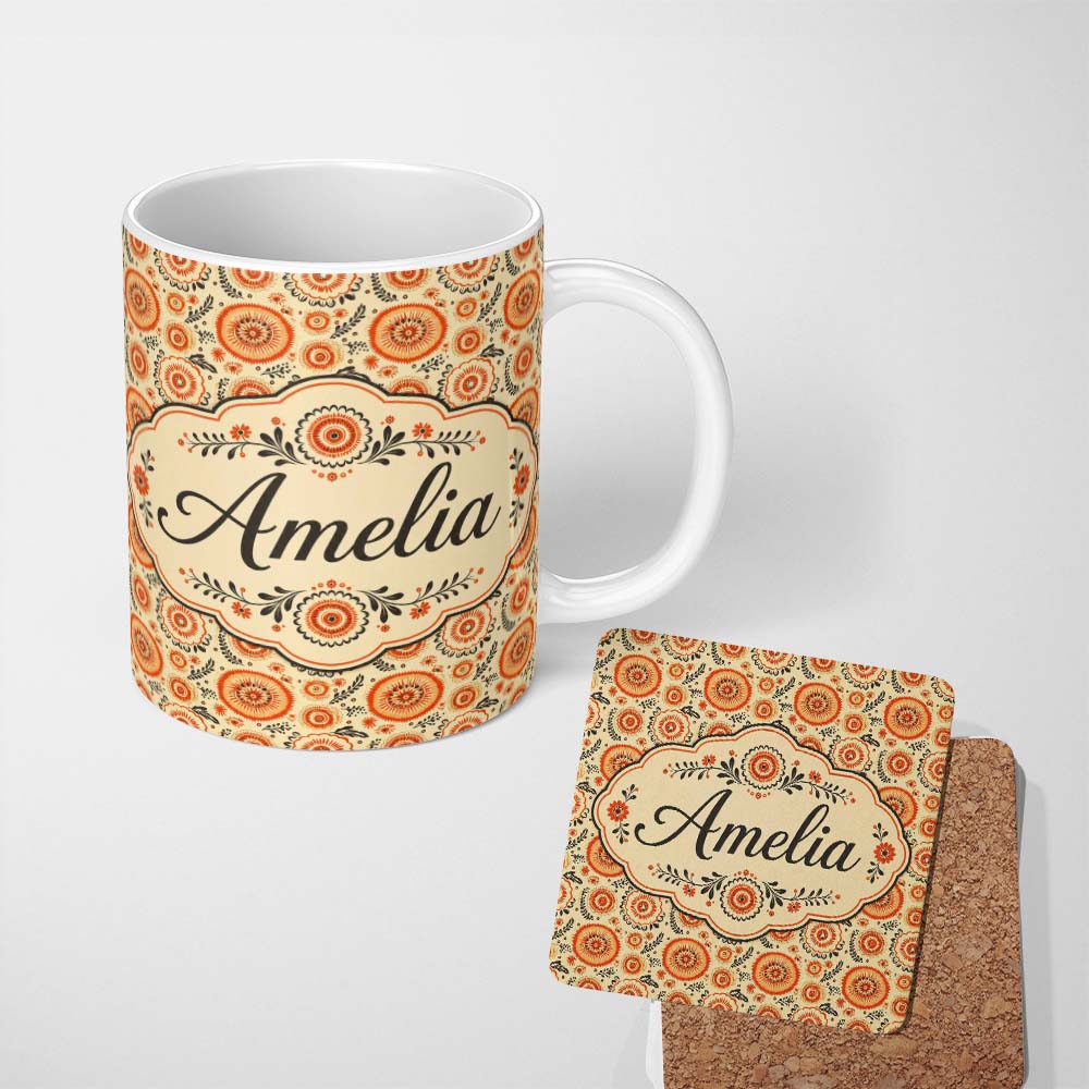 Personalized Custom Name Bright Orange Floral Circular Motif Seamless Pattern Decorative 11oz Ceramic Coffee Tea Mug White Large Handle