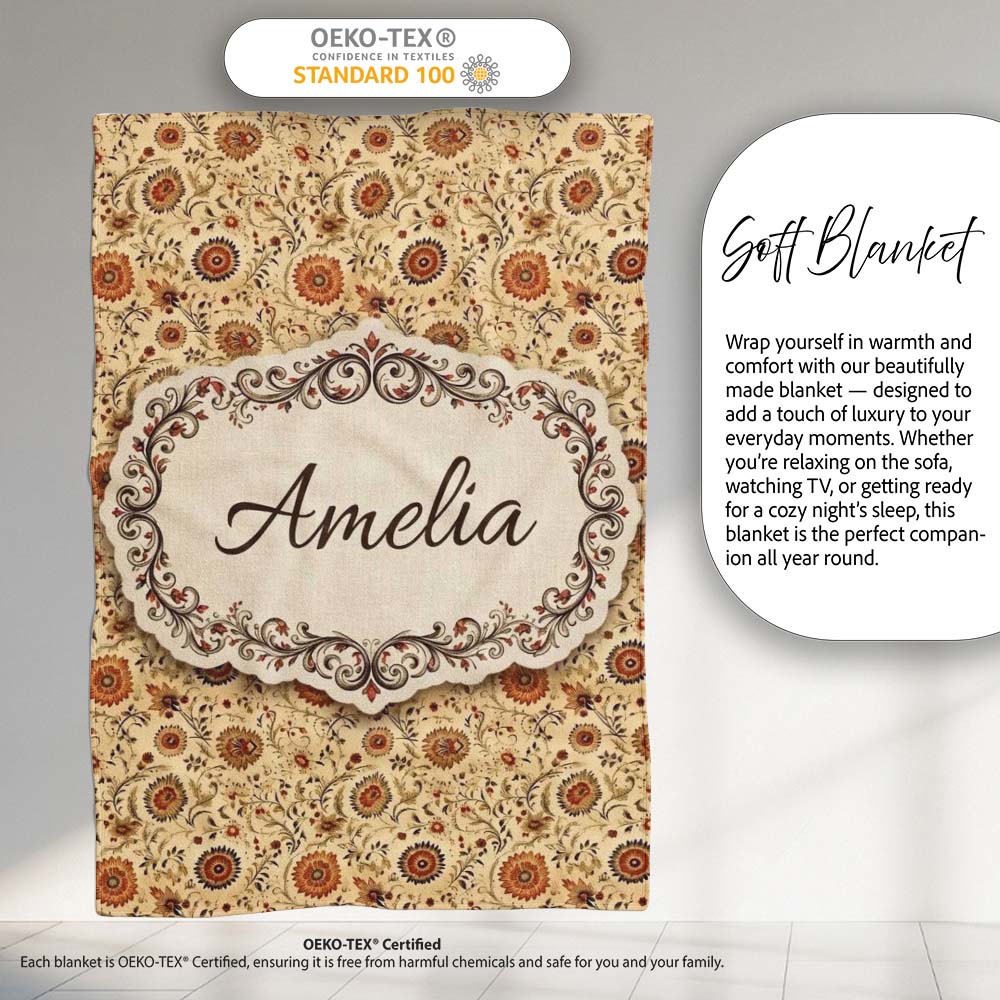 Vintage Autumn Floral Vine Seamless Pattern Warm Orange Beige Personalised Custom Name Super Soft Fleece Blanket Bed Sofa Throw